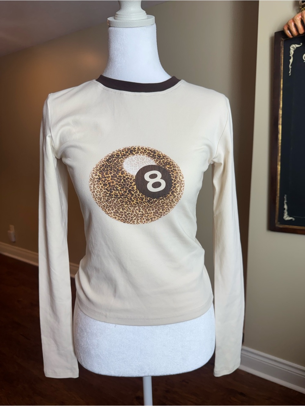Edikted Cream Long Sleeve Tee with Leopard 8-Ball Graphic